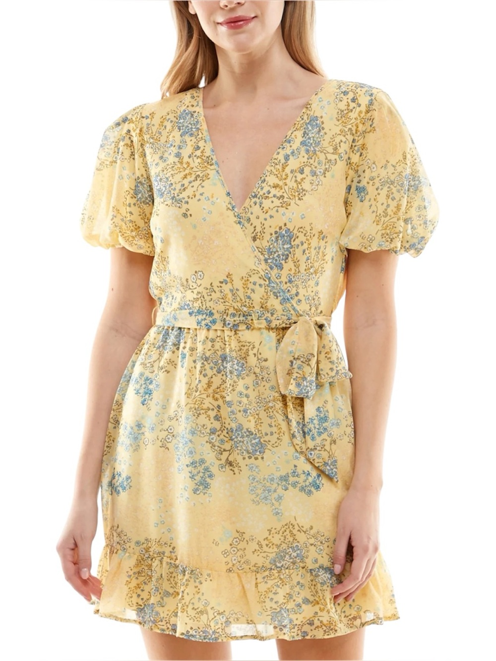 Butter Yellow Floral Faux Wrap Mini Dress Ruffle Hem Puff Sleeve Cottagecore S